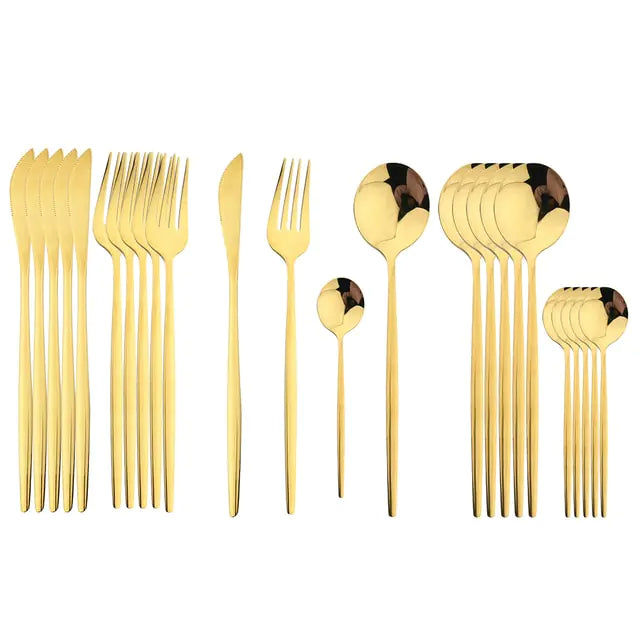 Conjunto de talheres em aço inox 24 peças com acabamento dourado e cabos coloridos preto, branco e rosa