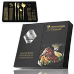 Conjunto de talheres em aço inox 24 peças com acabamento dourado e cabos coloridos preto, branco e rosa