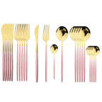 Conjunto de talheres em aço inox 24 peças com acabamento dourado e cabos coloridos preto, branco e rosa