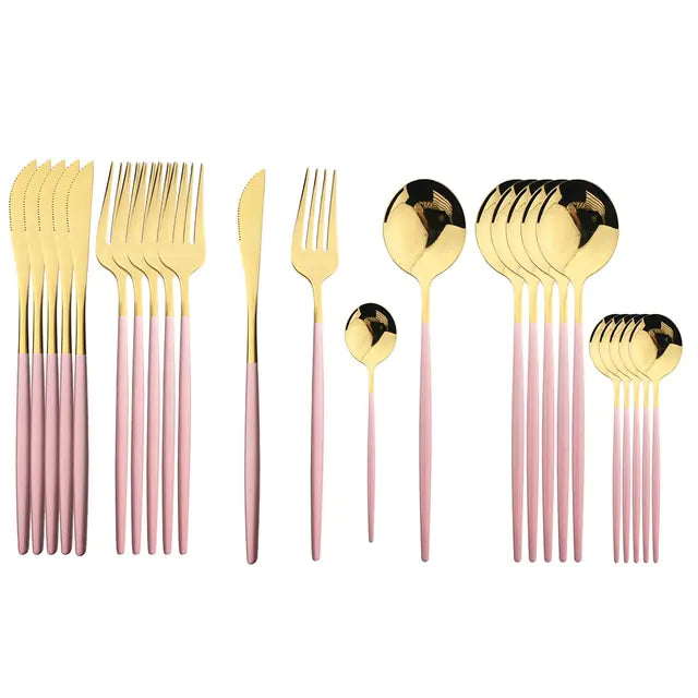Conjunto de talheres em aço inox 24 peças com acabamento dourado e cabos coloridos preto, branco e rosa