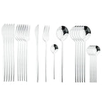 Conjunto de talheres em aço inox 24 peças com acabamento dourado e cabos coloridos preto, branco e rosa