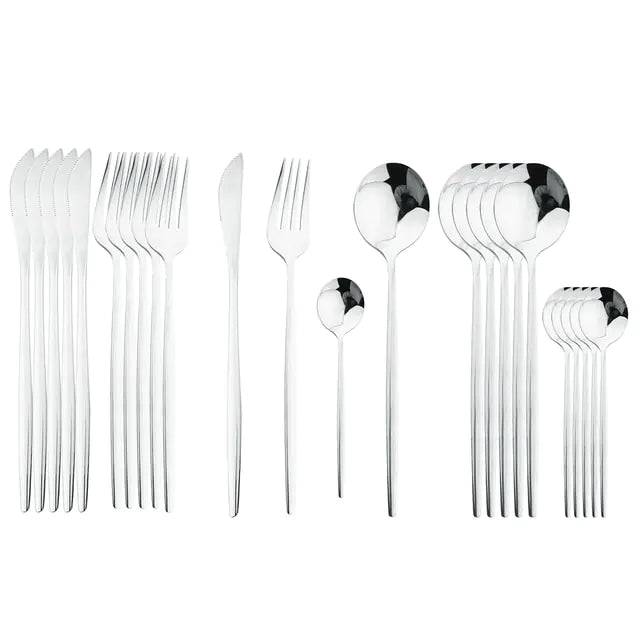 Conjunto de talheres em aço inox 24 peças com acabamento dourado e cabos coloridos preto, branco e rosa