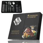 Conjunto de talheres em aço inox 24 peças com acabamento dourado e cabos coloridos preto, branco e rosa