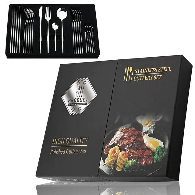 Conjunto de talheres em aço inox 24 peças com acabamento dourado e cabos coloridos preto, branco e rosa