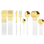 Conjunto de talheres em aço inox 24 peças com acabamento dourado e cabos coloridos preto, branco e rosa