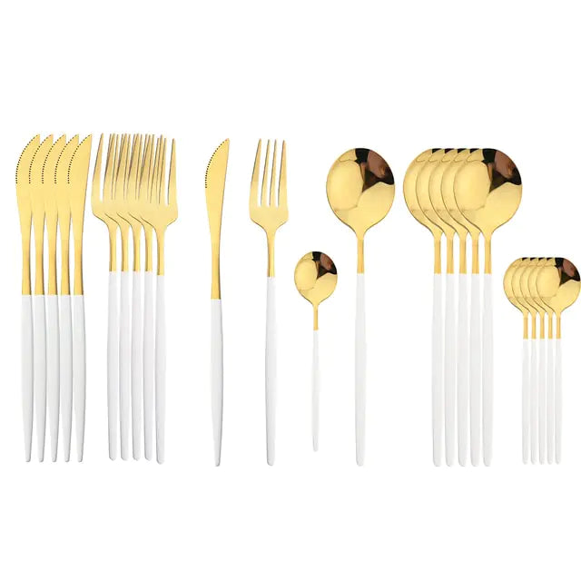 Conjunto de talheres em aço inox 24 peças com acabamento dourado e cabos coloridos preto, branco e rosa