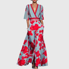 Vestido feminino floral com cinto de cintura e saia evasê