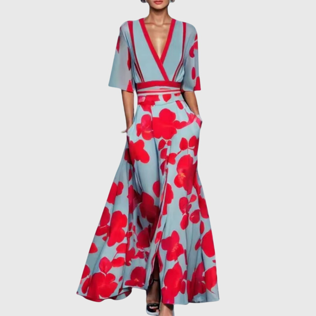 Vestido feminino floral com cinto de cintura e saia evasê