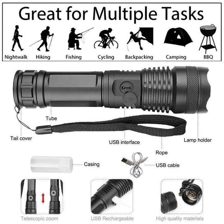 Lanterna LED poderosa 90000 lúmens XHP50 com zoom telescópico e carregamento USB