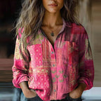 Blusa feminina de algodão manga longa com estampa vintage corte amplo