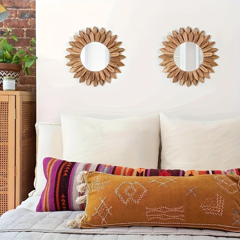 Espelho de parede redondo estilo boho em madeira com design de girassol, decorativo