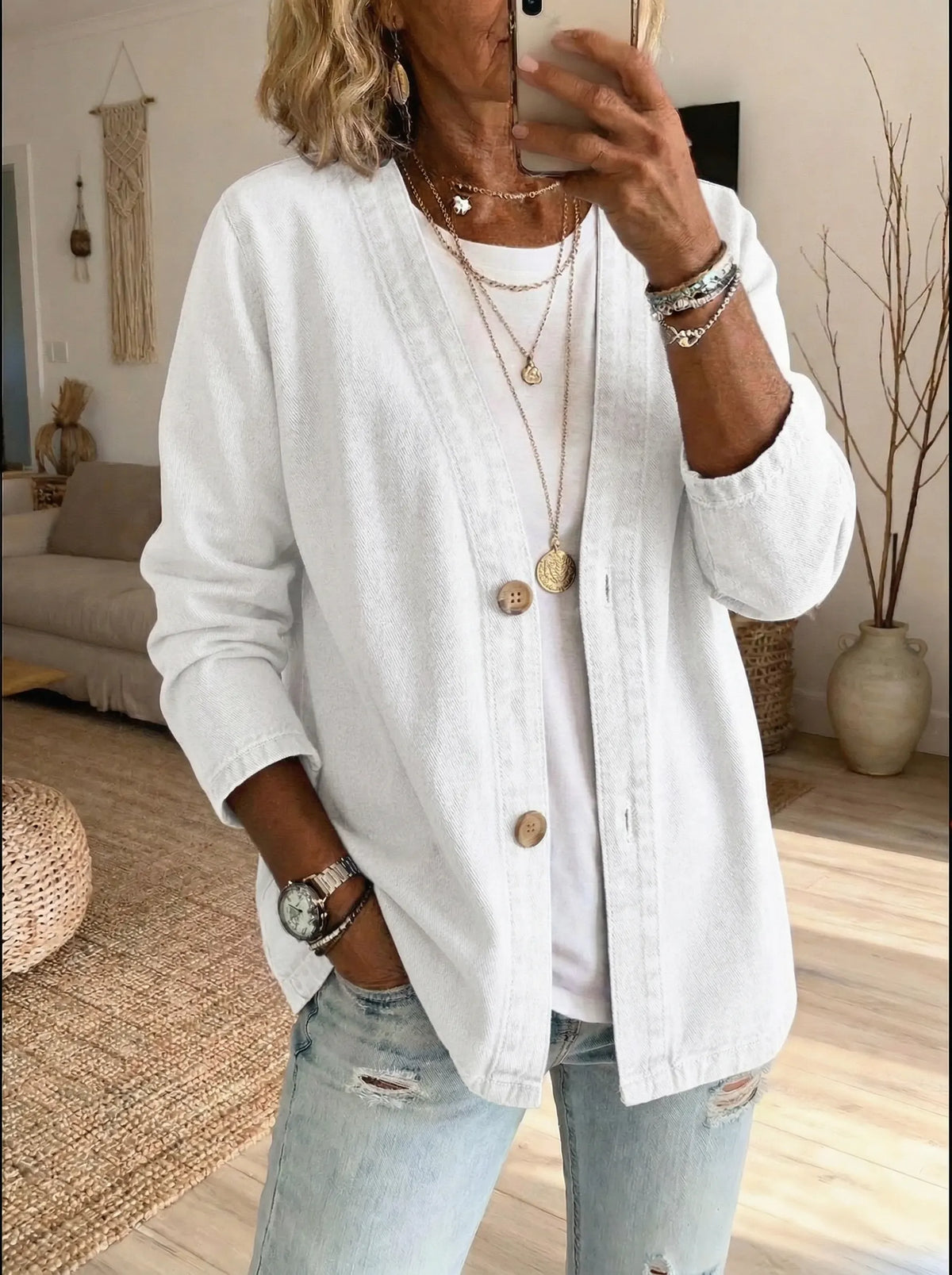 Casaco cardigan feminino denim com botões corte reto manga comprida