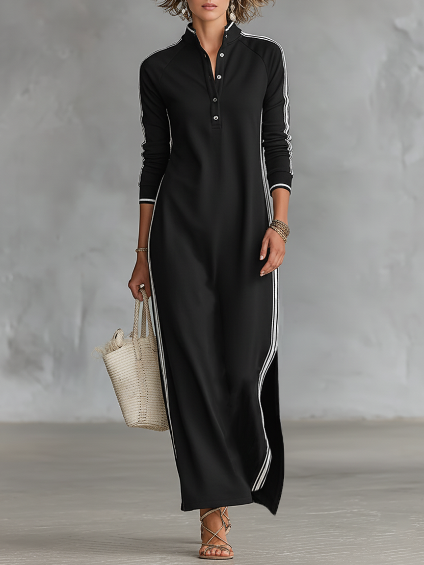 Vestido maxi sweatshirt feminino gola colarinho com acabamento branco minimalista