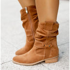Botins slouch femininos com punho dobrável e salto bloco baixo