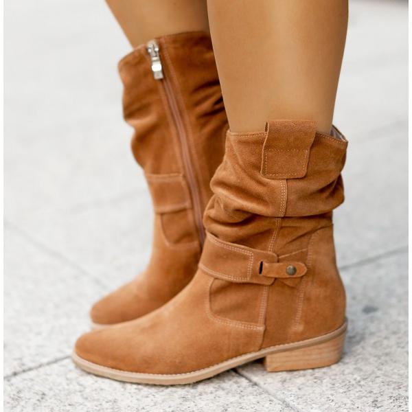 Botins slouch femininos com punho dobrável e salto bloco baixo