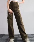 Calças cargo jeans femininas com multibolsos corte casual