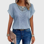 Blusa feminina malha rendada decote redondo mangas curtas
