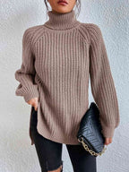 Camisola feminina gola alta canelada com fenda lateral outono inverno