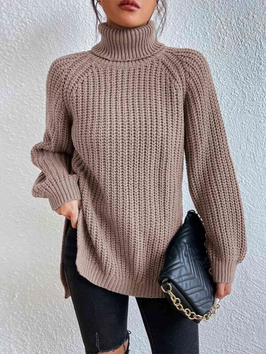 Camisola feminina gola alta canelada com fenda lateral outono inverno