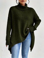 Camisola tricot mulher gola alta com drapeado assimétrico em malha macia