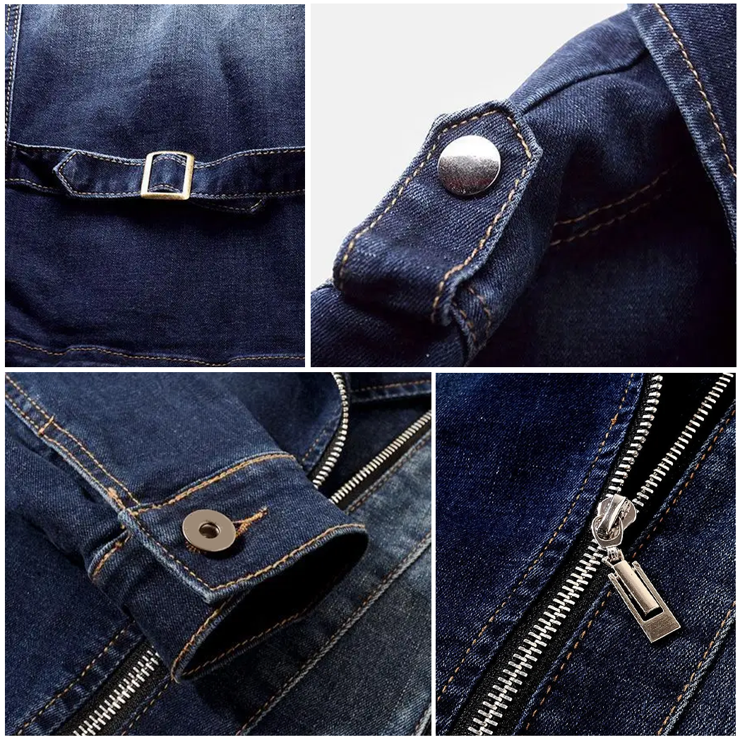 Jaqueta jeans cropped moto feminina com zíper assimétrico e cinto