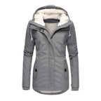 Parka feminina com forro Sherpa impermeável e capuz ajustável, corte slim