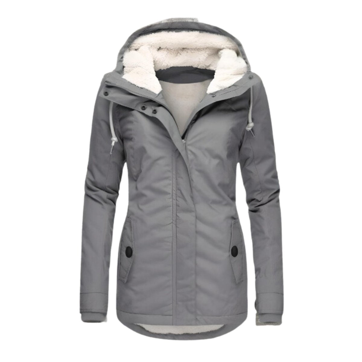 Parka feminina com forro Sherpa impermeável e capuz ajustável, corte slim