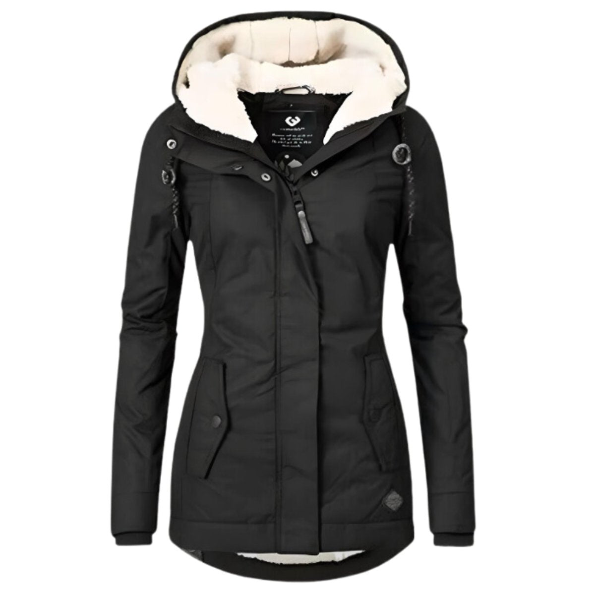 Parka feminina com forro Sherpa impermeável e capuz ajustável, corte slim