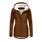 Parka feminina com forro Sherpa impermeável e capuz ajustável, corte slim