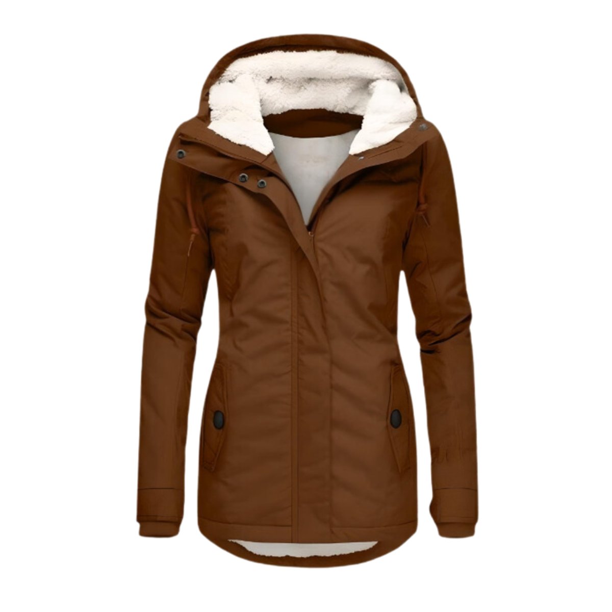 Parka feminina com forro Sherpa impermeável e capuz ajustável, corte slim
