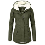 Parka feminina com forro Sherpa impermeável e capuz ajustável, corte slim