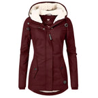 Parka feminina com forro Sherpa impermeável e capuz ajustável, corte slim