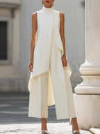 Conjunto feminino 2 peças gola alta sem mangas calça wide leg assimétrico