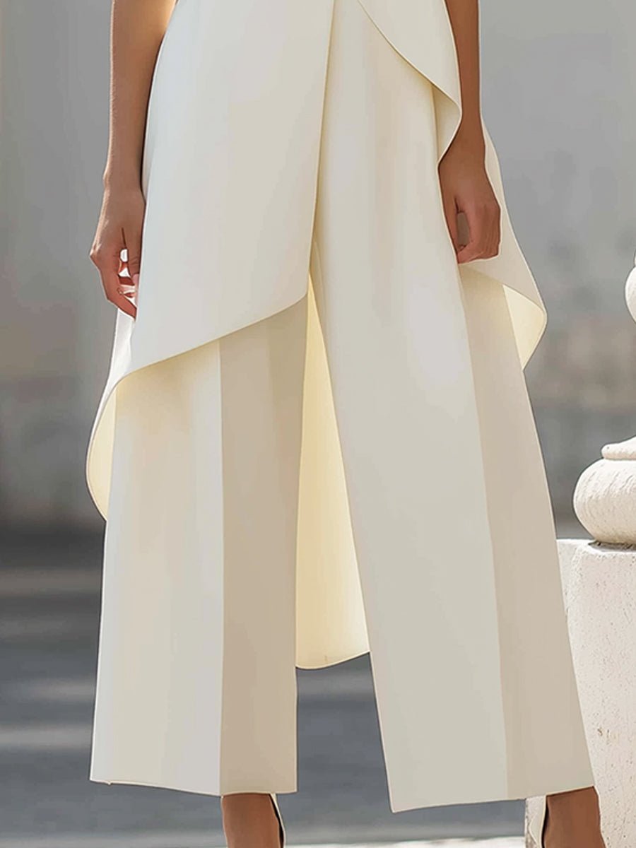 Conjunto feminino 2 peças gola alta sem mangas calça wide leg assimétrico