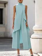 Conjunto feminino 2 peças gola alta sem mangas calça wide leg assimétrico