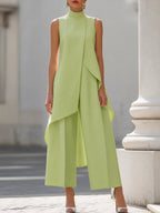 Conjunto feminino 2 peças gola alta sem mangas calça wide leg assimétrico