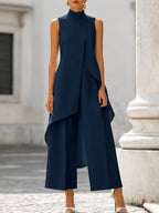 Conjunto feminino 2 peças gola alta sem mangas calça wide leg assimétrico