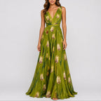 Vestido maxi chiffon floral com decote V profundo para convidada de casamento