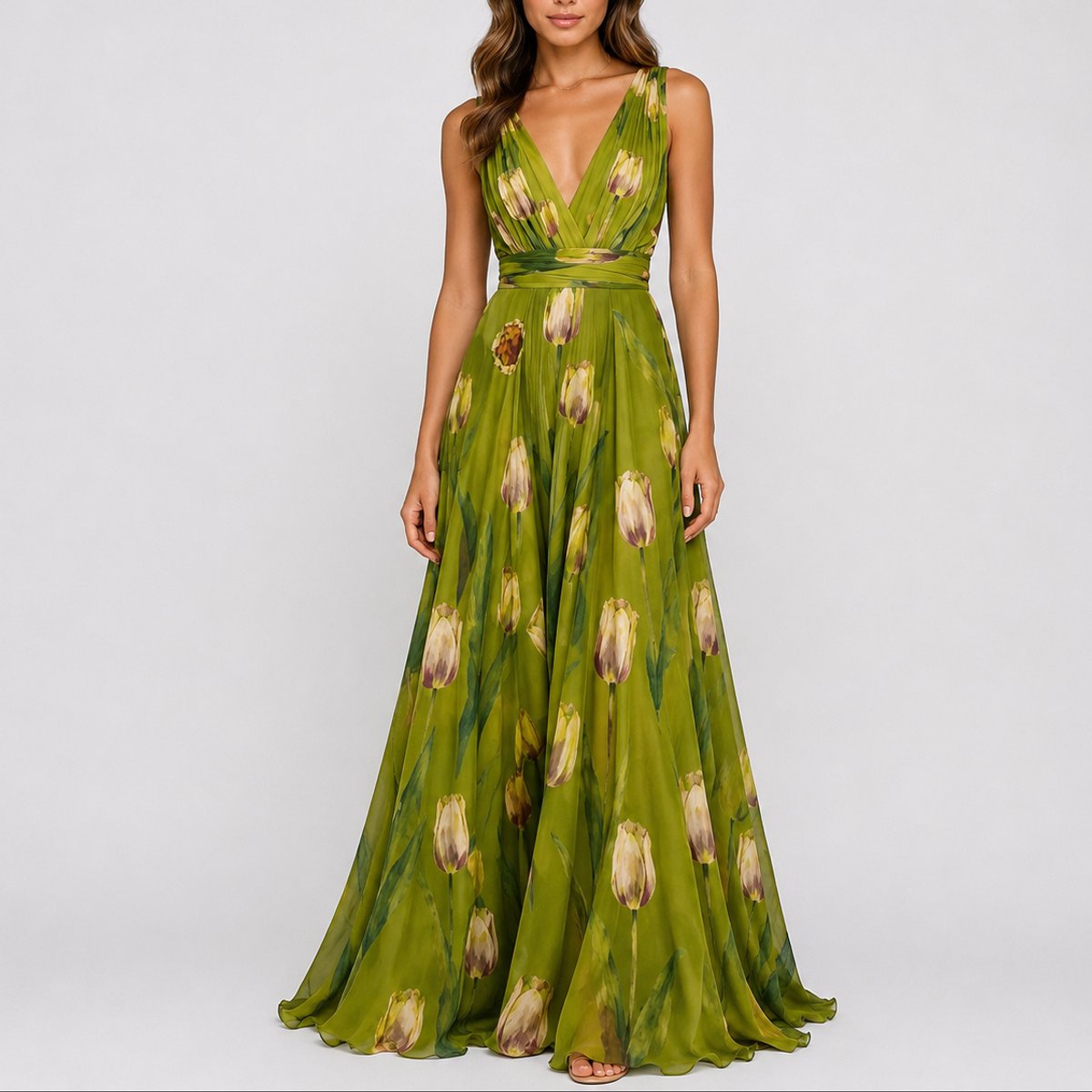 Vestido maxi chiffon floral com decote V profundo para convidada de casamento