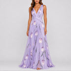 Vestido maxi chiffon floral com decote V profundo para convidada de casamento