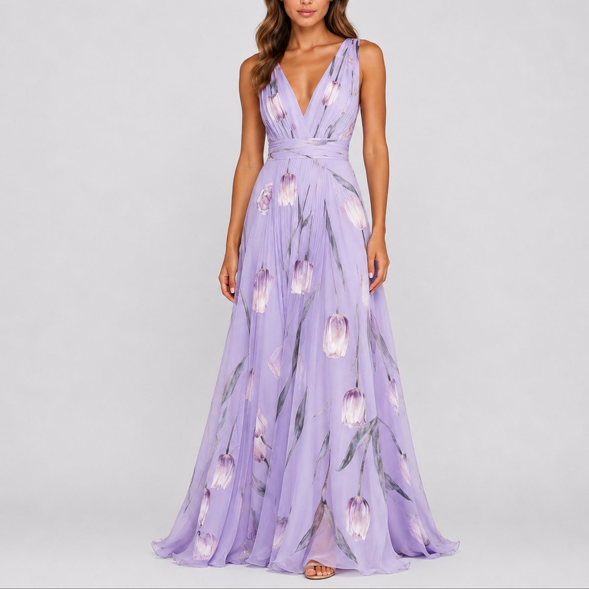 Vestido maxi chiffon floral com decote V profundo para convidada de casamento