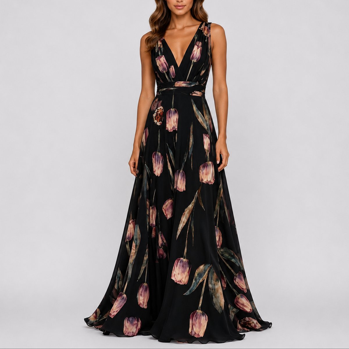 Vestido maxi chiffon floral com decote V profundo para convidada de casamento