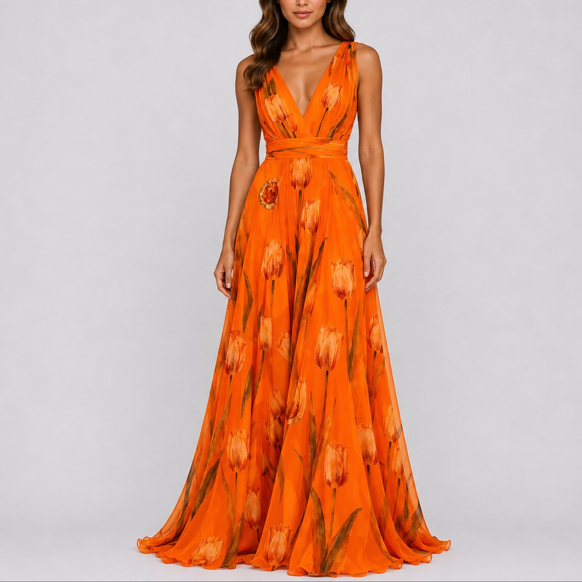 Vestido maxi chiffon floral com decote V profundo para convidada de casamento
