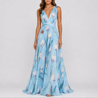 Vestido maxi chiffon floral com decote V profundo para convidada de casamento