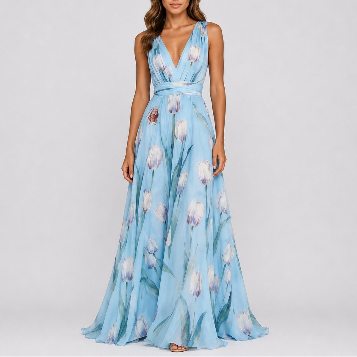 Vestido maxi chiffon floral com decote V profundo para convidada de casamento