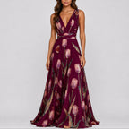 Vestido maxi chiffon floral com decote V profundo para convidada de casamento