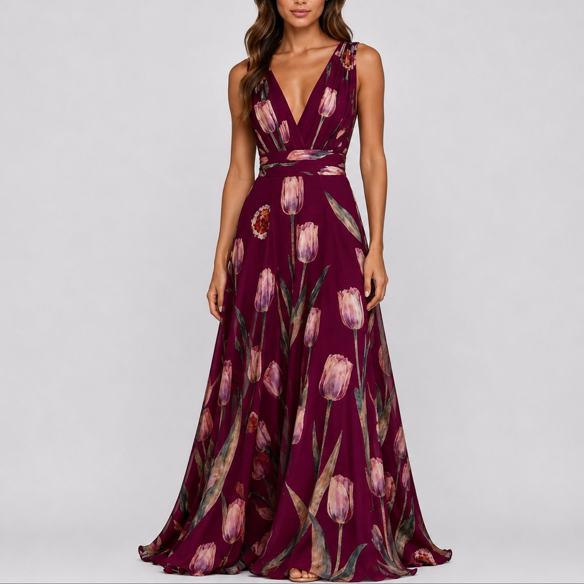 Vestido maxi chiffon floral com decote V profundo para convidada de casamento