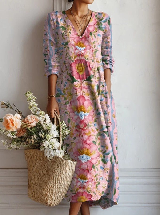 Vestido midi floral feminino com decote V e manga três quartos, silhueta solta