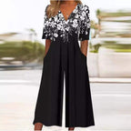 Macacão feminino floral boho decote V meia manga corte reto