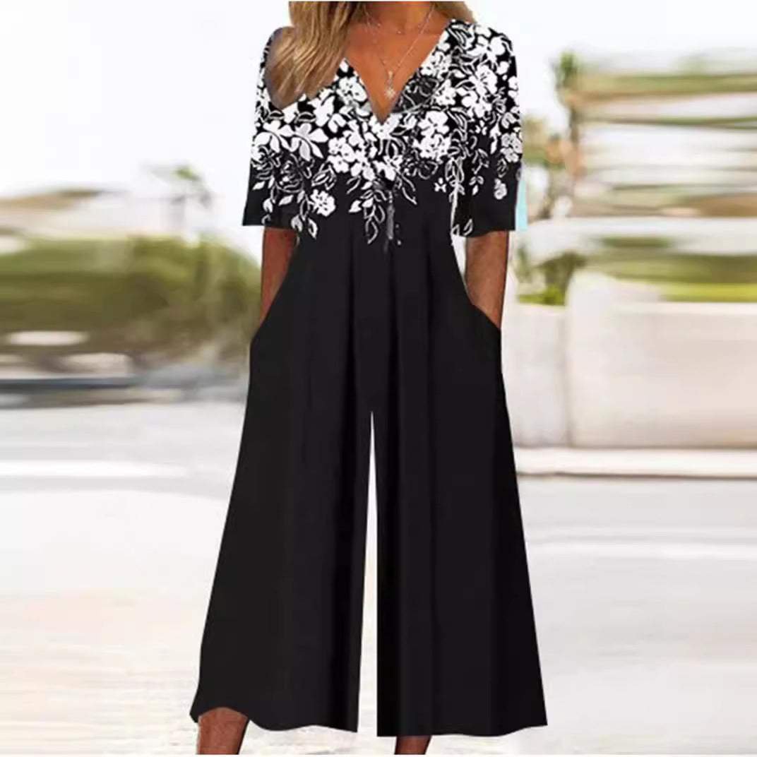 Macacão feminino floral boho decote V meia manga corte reto